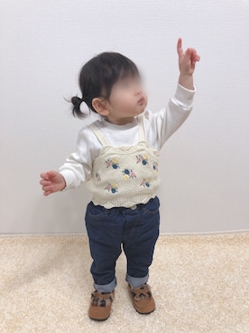 「アイテム（モカシン/デッキシューズ）」を使った、kanchaaさん（キッズ・80cm）の冬コーディネート