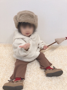 「アイテム（モカシン/デッキシューズ）」を使った、kanchaaさん（キッズ・80cm）の冬コーディネート