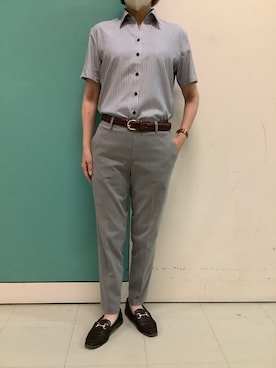 「TOKYO SHIRTS（トウキョウシャツ）の【吸水速乾】【COFREX】形態安定ノンアイロン スキッパー 半袖ビジネスワイシャツ（ビジネスシャツ、ブルー系）」を使った、BRICK HOUSE by Tokyo Shirts 伊丹イオンモール店さん（メンズ・168cm）の夏コーディネート