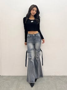 ハイウエスト strap cargo designフレアデニムパンツ｜ジェイダ（GYDA