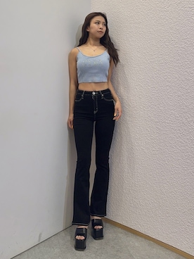 「GYDA（ジェイダ）のGYDA bijouラメニットビスチェ（キャミソール、ブルー系）」を使った、katsusaさん（レディース・161cm）の春コーディネート
