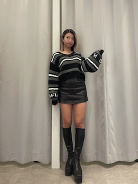 「GYDA（ジェイダ）のフェイクレザー スカートライクショートパンツ（スカート）」を使った、katsusaさん（レディース・161cm）の冬コーディネート