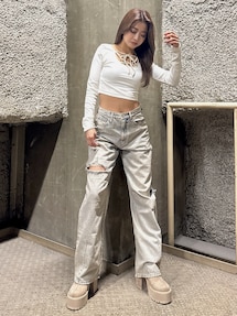 ハイウエストGG Stitch Barrel Leg ダメージデニムパンツ｜ジェイダ