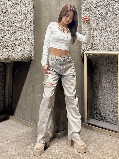 ハイウエストGG Stitch バレルレッグダメージデニムパンツ（デニム