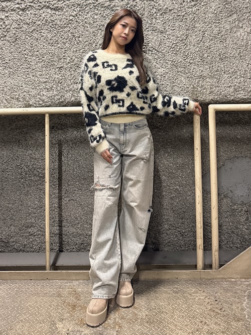 ハイウエストGG Stitch バレルレッグダメージデニムパンツ（デニム