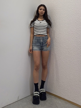 「GYDA（ジェイダ）のGGプレートハーフスリーブニットトップス（ニット/セーター、その他）」を使った、katsusaさん（レディース・161cm）の春コーディネート