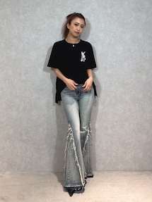 フリンジ タイダイ フレアデニム ハイウエスト 韓国 黒 cr6177 ハイウエストSIDEフリンジフレアデニムパンツ｜ジェイダ（GYDA