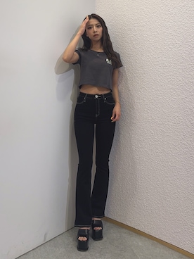 「GYDA（ジェイダ）のGEMIBUNNYショートTシャツ（Tシャツ/カットソー、グレー系）」を使った、katsusaさん（レディース・161cm）の春コーディネート