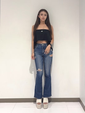 「GYDA（ジェイダ）のBASICチャンキーサンダル（サンダル、ホワイト系）」を使った、katsusaさん（レディース・161cm）の夏コーディネート
