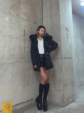 「GYDA（ジェイダ）のフェイクレザー スカートライクショートパンツ（スカート）」を使った、katsusaさん（レディース・161cm）の秋コーディネート