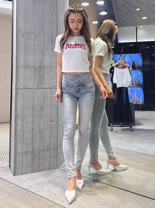 ハイウエストウエストクロススキニーデニムパンツ（デニムパンツ