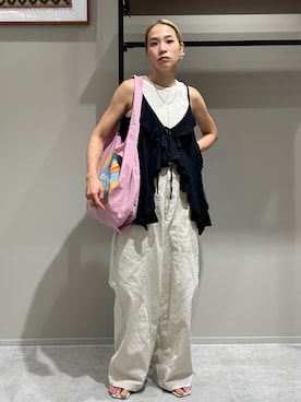 「Ungrid（アングリッド）のアイテム（トートバッグ）」を使った、松岡奈瑠さん（レディース・157cm）の夏コーディネート