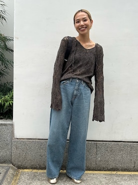 「Ungrid（アングリッド）のヴィンテージルーズワイドデニム（デニムパンツ）」を使った、松岡奈瑠さん（レディース・157cm）の夏コーディネート