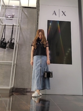 「ARMANI EXCHANGE（アルマーニエクスチェンジ）の【A|X アルマーニ エクスチェンジ】ライトブルーデニムワンピース（ワンピース、ブルー系）」を使った、♡aYuMiiiiiiiiさん（レディース・158cm）の夏コーディネート