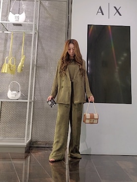 「ARMANI EXCHANGE（アルマーニエクスチェンジ）の【A|X アルマーニ エクスチェンジ】IA AXリーフプリント ジャンプスーツ（つなぎ/オールインワン、グリーン系）」を使った、♡aYuMiiiiiiiiさん（レディース・158cm）の夏コーディネート