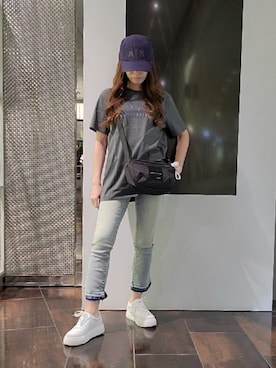 「ARMANI EXCHANGE（アルマーニエクスチェンジ）のアイテム（キャップ、ブルー系）」を使った、♡aYuMiiiiiiiiさん（レディース・158cm）の夏コーディネート