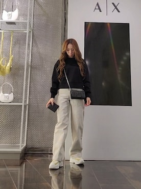 「ARMANI EXCHANGE（アルマーニエクスチェンジ）の【A|X アルマーニ エクスチェンジ】IA リーフパターン ブリーチデニムパンツ_J38 RELAXED（デニムパンツ、ベージュ系）」を使った、♡aYuMiiiiiiiiさん（レディース・158cm）の夏コーディネート