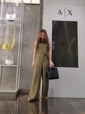 「ARMANI EXCHANGE（アルマーニエクスチェンジ）の【A|X アルマーニ エクスチェンジ】IA AXリーフプリント ジャンプスーツ（つなぎ/オールインワン、グリーン系）」を使った、♡aYuMiiiiiiiiさん（レディース・158cm）の春コーディネート