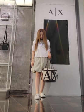 「ARMANI EXCHANGE（アルマーニエクスチェンジ）の【A|X アルマーニ エクスチェンジ】コメントデザイン 半袖クルーネックTシャツ/CROPPED（Tシャツ/カットソー、ホワイト系）」を使った、♡aYuMiiiiiiiiさん（レディース・158cm）の夏コーディネート