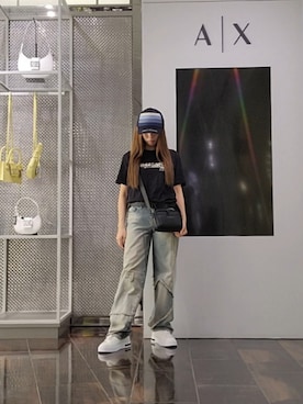 「ARMANI EXCHANGE（アルマーニエクスチェンジ）の【A|X アルマーニ エクスチェンジ】IA パッチワークデザイン デニムパンツ_J52 LOW RISE RELAXED（デニムパンツ、ブルー系）」を使った、♡aYuMiiiiiiiiさん（レディース・158cm）の夏コーディネート