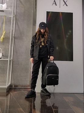 「ARMANI EXCHANGE（アルマーニエクスチェンジ）の【A|Xアルマーニ エクスチェンジ】A|Xロゴ　パネルキャップ（キャップ、ブラック系）」を使った、♡aYuMiiiiiiiiさん（レディース・158cm）の春コーディネート