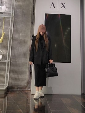 「ARMANI EXCHANGE（アルマーニエクスチェンジ）の【A|X アルマーニ エクスチェンジ】AXメタリックロゴ ヘビーリブジャージースカート（スカート、ブラック系）」を使った、♡aYuMiiiiiiiiさん（レディース・158cm）の春コーディネート