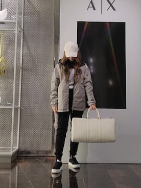 「ARMANI EXCHANGE（アルマーニエクスチェンジ）の【A|X アルマーニ エクスチェンジ】WE AXロゴパッチ キャップ（キャップ、ホワイト系）」を使った、♡aYuMiiiiiiiiさん（レディース・158cm）の春コーディネート