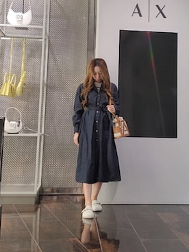 「ARMANI EXCHANGE（アルマーニエクスチェンジ）の【A|X アルマーニ エクスチェンジ】WE インディゴブルー シャンブレーシャツワンピース（シャツワンピース、ブルー系）」を使った、♡aYuMiiiiiiiiさん（レディース・158cm）の春コーディネート