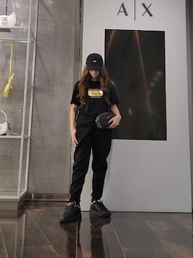 「ARMANI EXCHANGE（アルマーニエクスチェンジ）の【A|Xアルマーニ エクスチェンジ】A|Xロゴ　パネルキャップ（キャップ、ブラック系）」を使った、♡aYuMiiiiiiiiさん（レディース・158cm）の春コーディネート