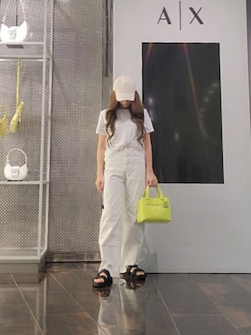「ARMANI EXCHANGE（アルマーニエクスチェンジ）の【A|X アルマーニ エクスチェンジ】AXロゴ フラットサンダル（EC限定カラー含）（サンダル、ブラック系）」を使った、♡aYuMiiiiiiiiさん（レディース・158cm）の春コーディネート