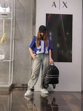 「ARMANI EXCHANGE（アルマーニエクスチェンジ）の【A|Xアルマーニ エクスチェンジ】ビッグラバーAXロゴ　パネルキャップ（キャップ）」を使った、♡aYuMiiiiiiiiさん（レディース・158cm）の夏コーディネート