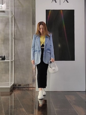 「ARMANI EXCHANGE（アルマーニエクスチェンジ）の【A|X アルマーニ エクスチェンジ】クルーネックニットカーディガン（カーディガン/ボレロ、イエロー系）」を使った、♡aYuMiiiiiiiiさん（レディース・158cm）の春コーディネート