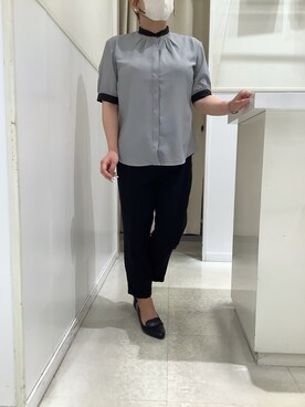 「TOKYO SHIRTS（トウキョウシャツ）のCOFREX スタンド ギャザー五分袖ブラウス  レディースシャツ（シャツ/ブラウス、ブラック系）」を使った、BRICK HOUSE シャツ工房 新下関ゆめシティ店さん（レディース・158cm）の春コーディネート