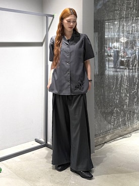 「HARE（ハレ）のストライプシシュウカイキンシャツ(HARE)（シャツ/ブラウス、グレー系）」を使った、すずかぜさん（レディース・162cm）の夏コーディネート