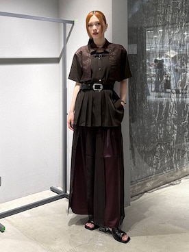 「HARE（ハレ）のパーツバックルプリーツシャツ(HARE)（シャツ/ブラウス、ブラウン系）」を使った、すずかぜさん（レディース・162cm）の夏コーディネート