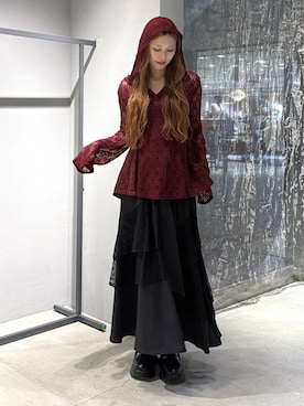 「HARE（ハレ）のレースカットパーカー(HARE)（Tシャツ/カットソー、レッド系）」を使った、すずかぜさん（レディース・162cm）の夏コーディネート