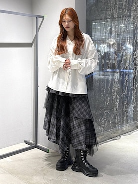 「HARE（ハレ）の2WAYレースBIGカラーシャツ(HARE)（シャツ/ブラウス、ホワイト系）」を使った、すずかぜさん（レディース・162cm）の夏コーディネート