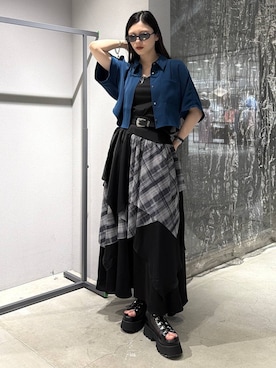 「HARE（ハレ）のサイドベルトメッシュレースアップブーサン(HARE)（サンダル、ブラック系）」を使った、すずかぜさん（レディース・162cm）の春コーディネート