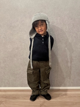 「green label relaxing（グリーンレーベルリラクシング）のGLR イヤーフラップビーニー / ニット帽 / キッズ（ニットキャップ/ビーニー）」を使った、aokunさん（キッズ・90cm）の秋コーディネート