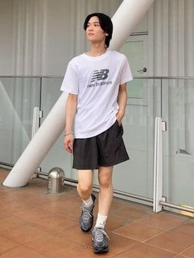 「NEW BALANCE（ニューバランス）の大谷翔平シグネチャークリンクルナイロンショーツ（その他パンツ、ブラック系）」を使った、New Balanceさん（レディース・162cm）の夏コーディネート