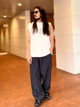 「NEW BALANCE（ニューバランス）のNB GREY ワイドパンツウォーターデファイ（スラックス、ブラック系）」を使った、New Balanceさん（レディース・150cm）の夏コーディネート