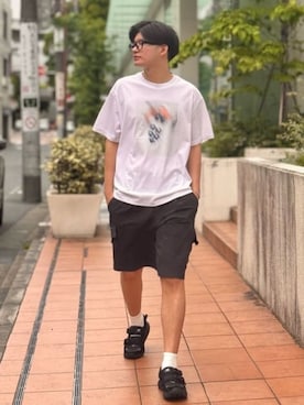 「NEW BALANCE（ニューバランス）のNB GREY カーゴショーツ10インチ（カーゴパンツ、ブラック系）」を使った、New Balanceさん（レディース・150cm）の夏コーディネート