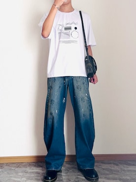 「SINSS（シンス）のBaggy silhouette curve denim / バギーシルエットカーブデニム（デニムパンツ）」を使った、桜さん（メンズ・177cm・10代）の夏コーディネート