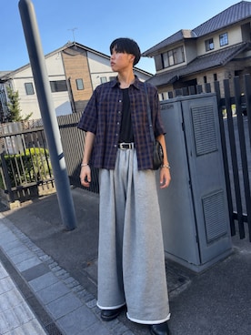 「SINSS（シンス）のOmbre check HS Shirt / オンブレチェックシャツ（半袖）（シャツ/ブラウス、ブルー系）」を使った、桜介さん（メンズ・177cm）の夏コーディネート