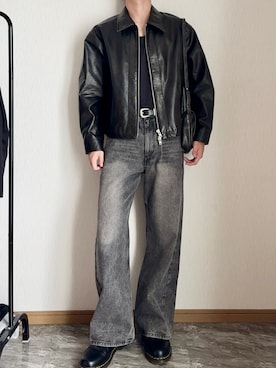 「WYM LIDNM（ウィム バイ リドム）のCURVED FLARE DENIM SLACKS（デニムパンツ）」を使った、桜さん（メンズ・177cm・10代）の秋コーディネート