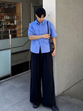 「SINSS（シンス）のTwo tuck sweatpants / 2タックスウェットパンツ（スウェットパンツ、ブラック系）」を使った、桜介さん（メンズ・177cm）の夏コーディネート