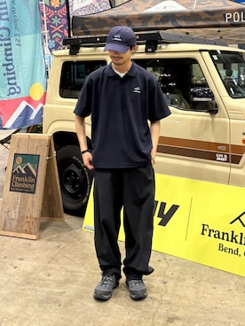 「Franklin Climbing（フランクリンクライミング）の【Franklin Climbing×JIMNY】ジムニー刺繍ポロシャツ（ポロシャツ、ブラック系）」を使った、KOGIさん（メンズ・175cm）の夏コーディネート