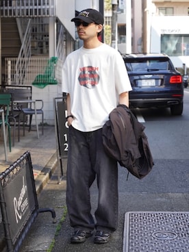 「CIAOPANIC TYPY（チャオパニックティピー）の【UNISEX】【プラスサイズあり】犬＆猫 アソートロゴプリントTee（Tシャツ/カットソー、ホワイト系）」を使った、KOGIさん（メンズ・175cm）の夏コーディネート