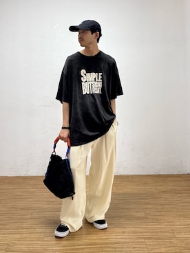 「CIAOPANIC TYPY（チャオパニックティピー）の【UNISEX】【プラスサイズあり】スラブ天竺ピグメントロゴTEE（Tシャツ/カットソー、ブラック系）」を使った、KOGIさん（メンズ・175cm）の夏コーディネート