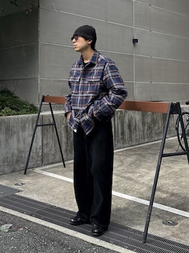 「CIAOPANIC TYPY（チャオパニックティピー）の【UNISEX】コーデュロイ袖切り替え/モールチェックシャツジャケット（シャツ/ブラウス、ブルー系）」を使った、KOGIさん（メンズ・175cm）の秋コーディネート